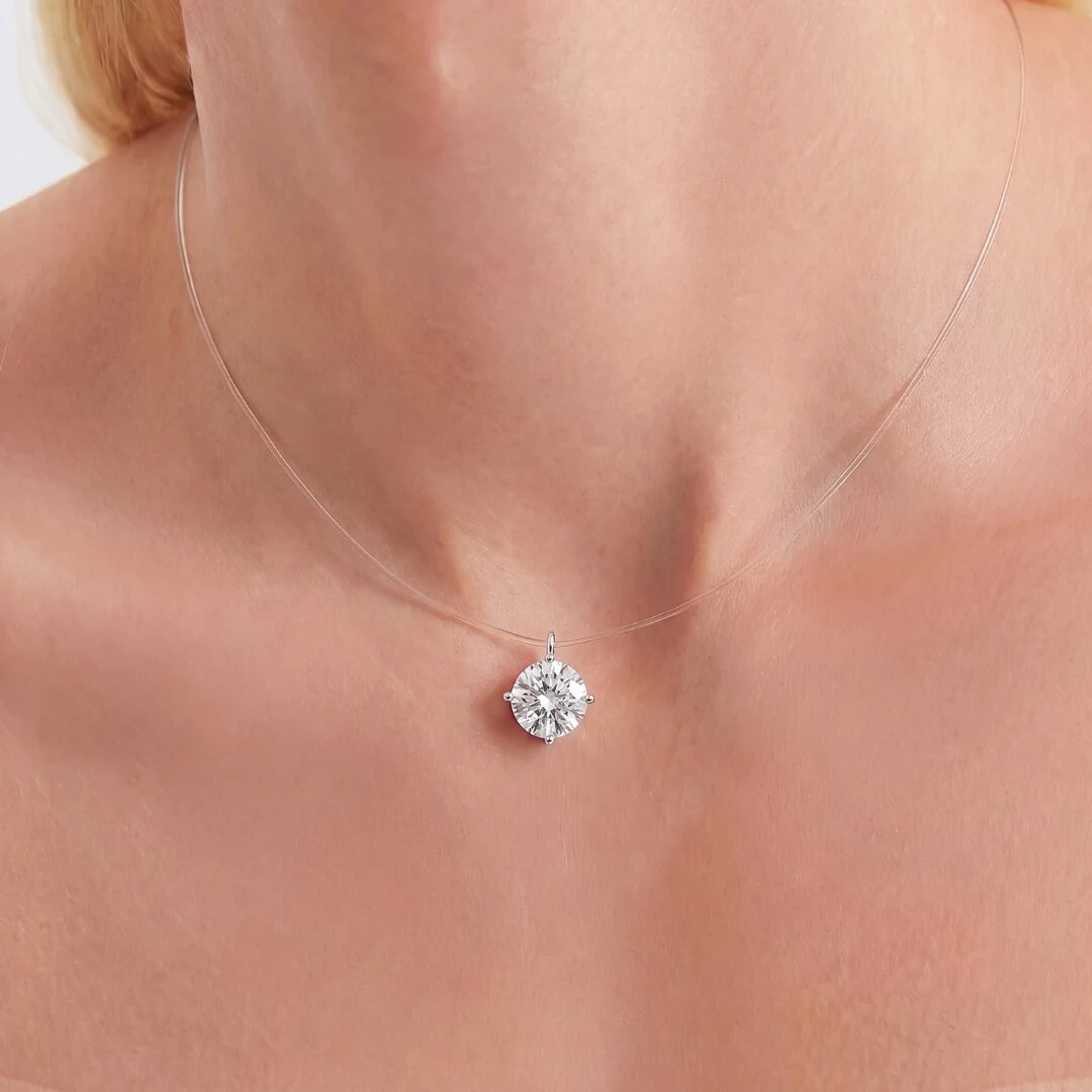 Foto Colar Fio de Nylon Solitário Moissanite Redondo G | Prata 925 com Ródio | 35 cm + Extensor