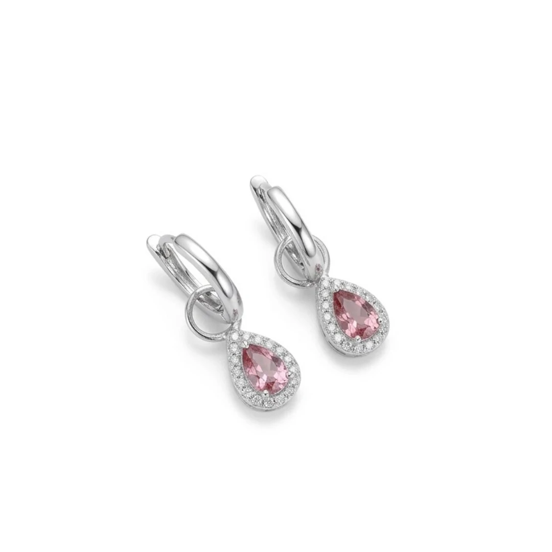 Foto Argola Charm Gota Rodolita com Zircônias | Prata 925 com Ródio | Argola 1,5 cm | Gota 1 cm × 0,7 cm