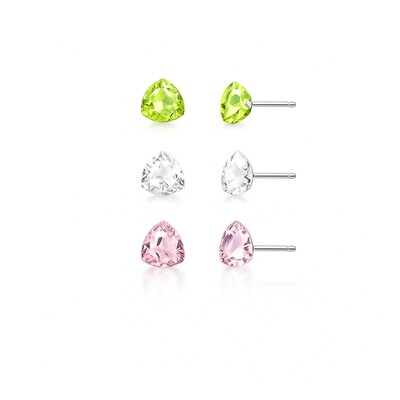 Foto Trio de Brincos Triângulo Cristal, Verde e Morganita Ródio Branco