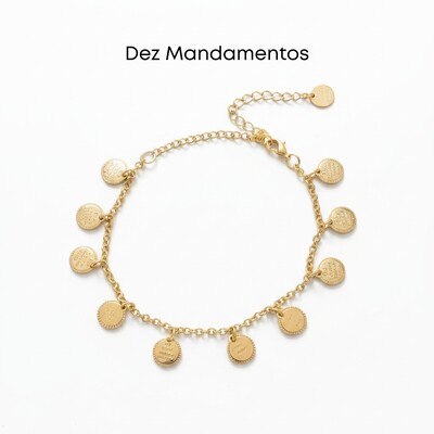 Foto Pulseira Medalhas Dez Mandamentos Banho de Ouro 18 K