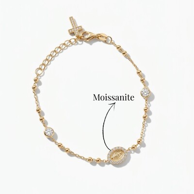 Foto Pulseira Nossa Senhora das Graças com Cruz e Moissanites | Corrente Bolinhas | Prata 925 com Banho O