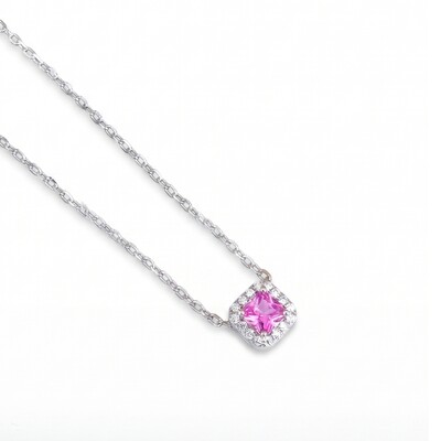 Foto Colar Zircônia Turmalina Pink com Halo | Prata 925 com Ródio Branco | Pingente 7mm | Corrente 40–50c