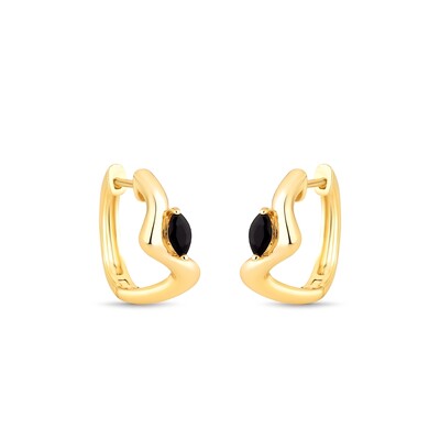 Foto Argola Curva com Cristal Navete Preto | Liga Metálica Banho Ouro 18k | 1,9 cm × 2,2 cm