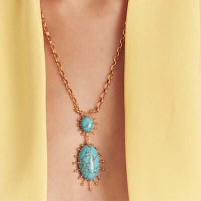 FotoColar Pêndulo Oval Turquesa Banho de Ouro 18 K