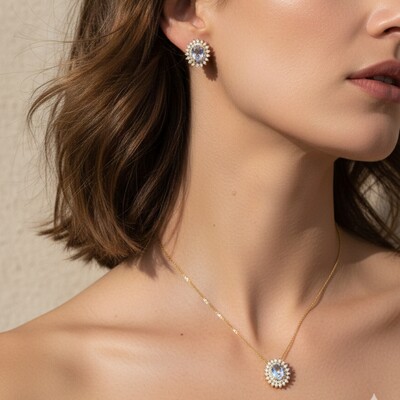 FotoConjunto Oval Brisa Azul Claro Banho de Ouro 18 K