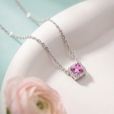 FotoColar Zircônia Turmalina Pink com Halo | Prata 925 com Ródio Branco | Pingente 7mm | Corrente 40–50c