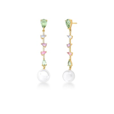 Foto Brinco Pêndulo Zircônias Coloridas Pérola Banho de Ouro 18 K