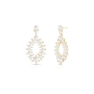 Foto Brinco Pêndulo Gota Pérolas e Zircônias Banho de Ouro 18 K