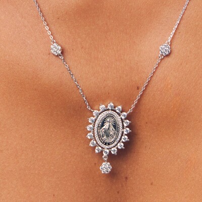 FotoColar Nossa Senhora das Graças Zircônias e Cristal Gota | Prata 925 com Ródio Branco | 50+5cm | Ping