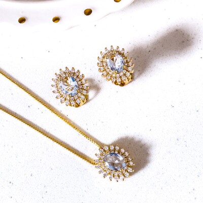 Foto Conjunto Oval Brisa Azul Claro Banho de Ouro 18 K