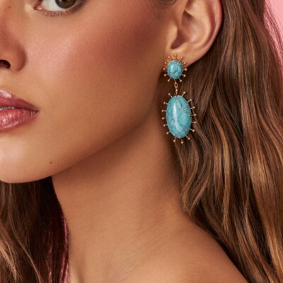 FotoBrinco Pêndulo Oval Turquesa Banho de Ouro 18 K