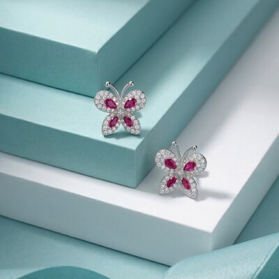 Foto Brinco Borboleta Zircônia Rubi Prata 925