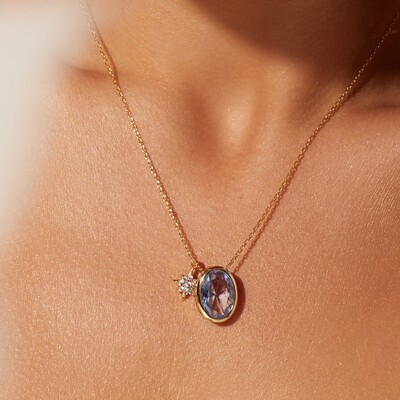 Foto Colar Cristal London Blue Oval com Estrela de Zircônias | Liga Metálica Banho Ouro 18k | 50 cm