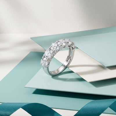 Foto Meia Aliança Russa Moissanite 6 Pedras | Prata 925 com Ródio Branco | 5mm | 3ct Total