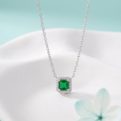 FotoColar Zircônia Esmeralda com Halo | Prata 925 com Ródio Branco | Pingente 7mm | Corrente 40–50cm