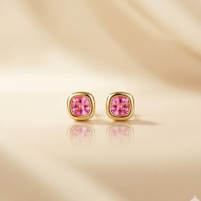 FotoBrinco Quadrado Zircônia Rosa Claro | Banho de Ouro 18k | 7mm