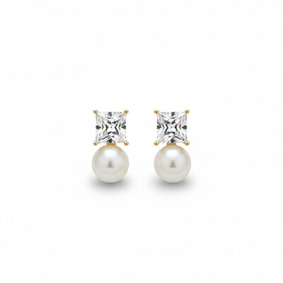 Foto Brinco Zircônia Quadrada com Pérola Shell Banho de Ouro 18K