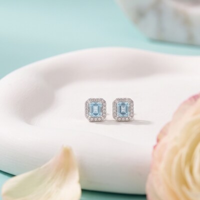 Foto Brinco Quadrado Zircônia Água Marinha com Halo | Prata 925 com Ródio Branco | 7mm