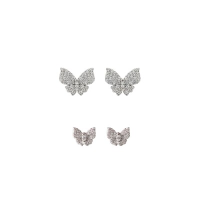 Foto Dupla Brincos Borboletas Cravejadas Ródio Branco