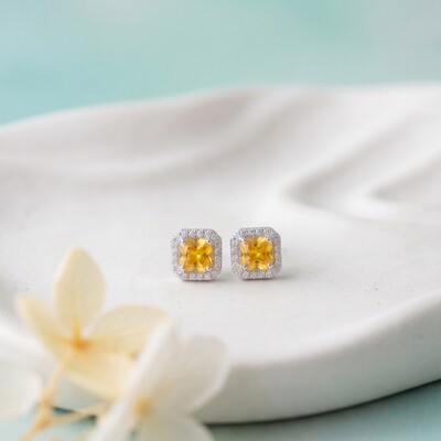 FotoBrinco Quadrado Zircônia Aperol com Halo | Prata 925 com Ródio Branco | 7mm