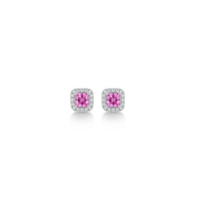 Foto Brinco Quadrado Zircônia Turmalina Pink com Halo | Prata 925 com Ródio Branco | 7mm