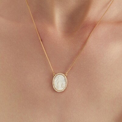 FotoColar Nossa Senhora das Graças Madrepérola Gravação ao Redor Banho de Ouro 18 K