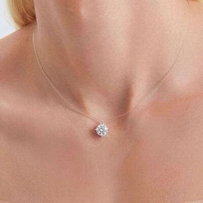 Foto Colar Fio de Nylon Solitário Moissanite Redondo | Prata 925 com Ródio | 35 cm + Extensor