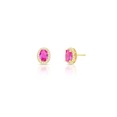 Foto Brinco Oval M Rosa Escuro Banho de Ouro 18 K