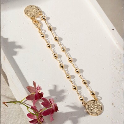 Foto Pulseira Lisa Medalha Dupla de São Bento 18cm Banho de Ouro 18k