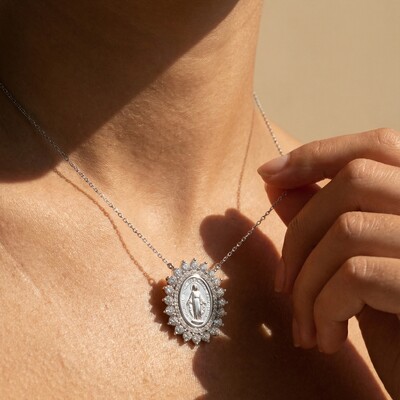 Foto Colar Nossa Senhora das Graças Halo Zircônias | Prata 925 | 40+5cm | Pingente 2,8x2,3cm