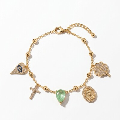 Foto Pulseira Patuá com Amuletos, Esmeralda Fusion e Zircônias Azul Escuro e Brancas | Liga Metálica Banh