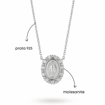 Foto Colar Nossa Senhora das Graças Moissanite e Esferas | Prata 925 com Ródio Branco | Medalha Milagrosa