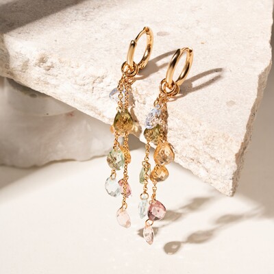 Foto Brinco Ear Bling Gotas Penduradas Cristais Peridoto, Citrino e Rodolita Banho de Ouro 18k