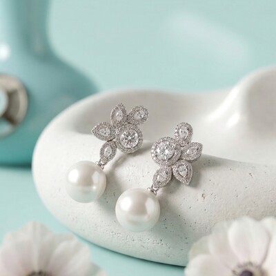 Foto Brinco Pérola Shell Gotas Nádia Ródio Branco