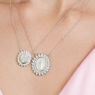 FotoColar Nossa Senhora das Graças Halo Zircônias | Prata 925 | 40+5cm | Pingente 2,8x2,3cm