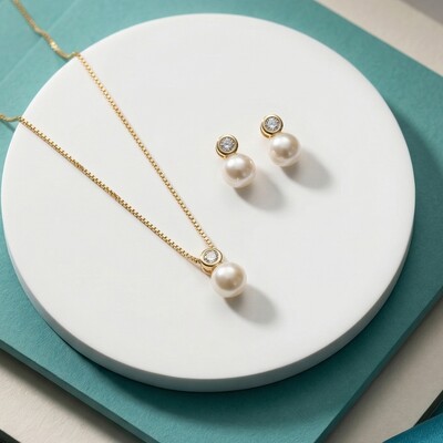 Foto Conjunto Zircônia e Pérola Shell | Banho de Ouro 18k | Brinco 1,3cm + Colar Veneziana 45cm com Exten