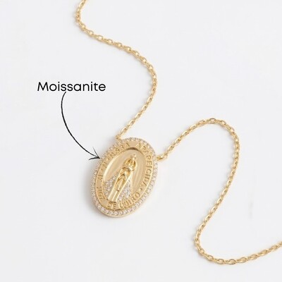 Foto Colar Oval Nossa Senhora Aparecida Uma Fileira de Moissanite Corrente Regulável Prata com Banho de O