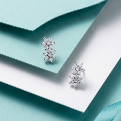 FotoCopiar Brinco Duo Flores Moissanite | Prata 925 com Ródio Branco | Certificado GRA | 1x0,5cm