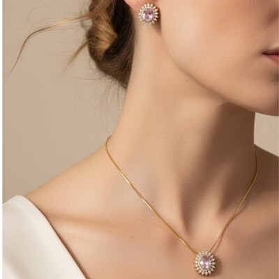 FotoConjunto Oval Brisa Roxo Claro Banho de Ouro 18 K