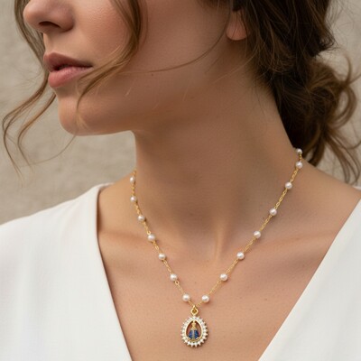 FotoColar Nossa Senhora Aparecida Pérolas e Zicônias Banho de Ouro 18 K