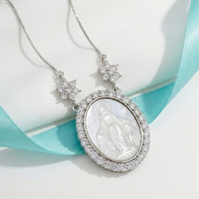 Foto Colar Nossa Senhora das Graças Madrepérola Flores Ródio Branco