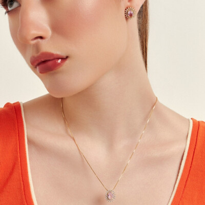 FotoConjunto Oval Brisa Rosa Claro Banho de Ouro 18 K