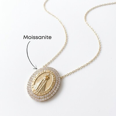 Foto Colar Nossa Senhora Aparecida Oval Duas Fileiras de Moissanite Corrente Regulável Prata com Banho de