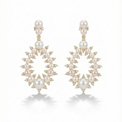 Foto Brinco Pêndulo Gota Pérolas e Zircônias Banho de Ouro 18 K