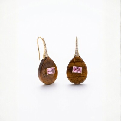 Foto Brinco Gota Olho de Tigre com Zircônia Rosa Retangular | Liga Metálica Banho Ouro 18k