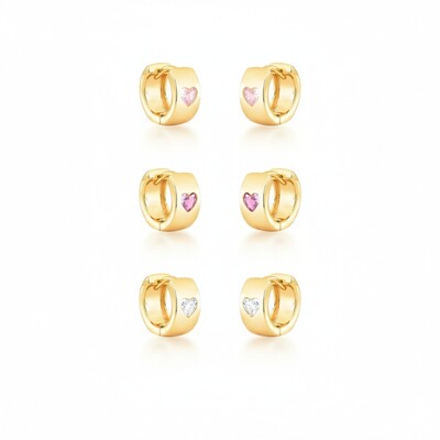 Foto Trio de Argolas com Coração Cristal, Rosa e Lavanda Banho de Ouro 18 K