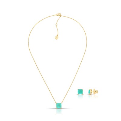 Foto Conjunto Colar e Brinco Cristal Verde Fusion Quadrado Pino Central Banho de Ouro 18k
