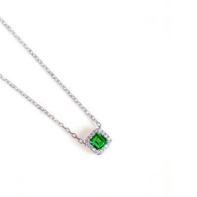 Foto Colar Zircônia Esmeralda com Halo | Prata 925 com Ródio Branco | Pingente 7mm | Corrente 40–50cm