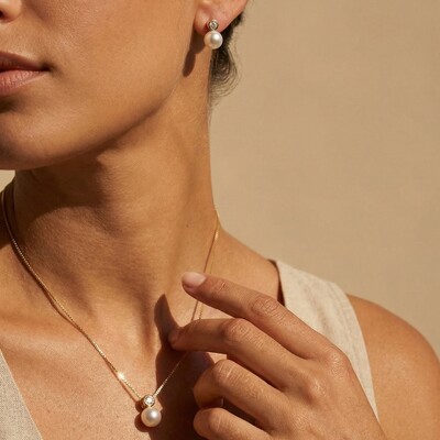 Foto Conjunto Zircônia e Pérola Shell | Banho de Ouro 18k | Brinco 1,3cm + Colar Veneziana 45cm com Exten