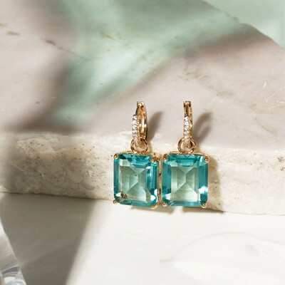Foto Brinco Ear Bling Retângulo 14x12 Cristal Paraíba e Zircônias Brancas Banho de Ouro 18k